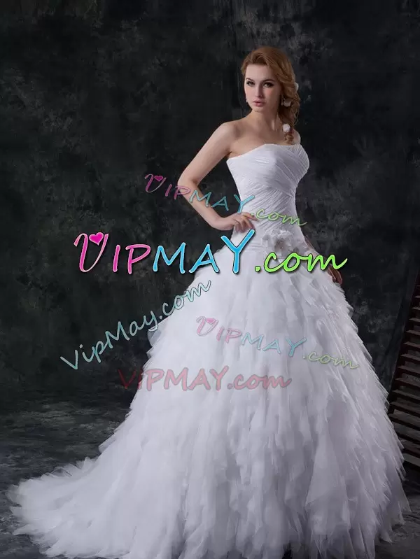 Best White Wedding Dresses Wedding Party with Beading and Ruffles and Ruching and Hand Made Flower Strapless Sleeveless Brush Train Lace Up