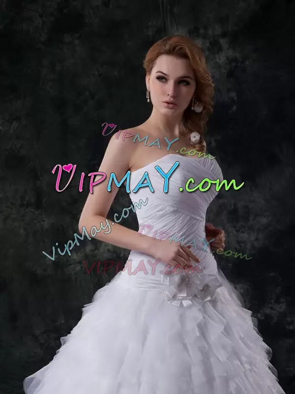 Best White Wedding Dresses Wedding Party with Beading and Ruffles and Ruching and Hand Made Flower Strapless Sleeveless Brush Train Lace Up