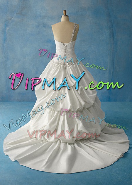 White Sleeveless Taffeta Court Train Lace Up Wedding Gown for Beach and Wedding Party