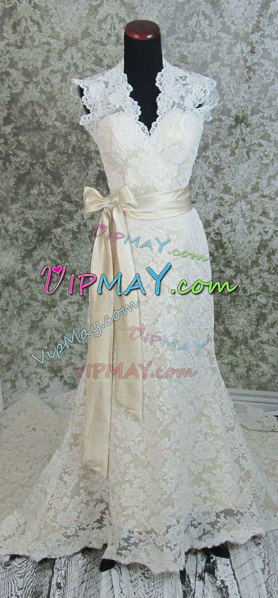 Custom Made Champagne Lace Lace Up Wedding Gown Sleeveless Floor Length Brush Train Lace and Sashes ribbons and Bowknot