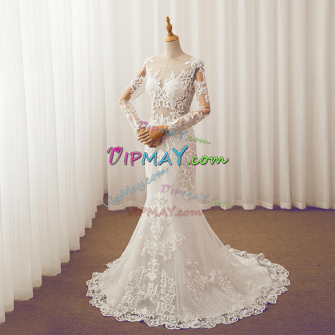 White Bridal Gown Wedding Party with Appliques Scoop Long Sleeves Clasp Handle