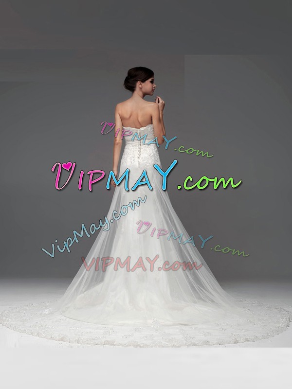 White Strapless Lace Up Lace and Appliques Wedding Gowns Brush Train Sleeveless