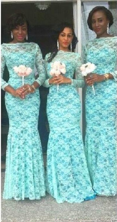 Spectacular High-neck Long Sleeves Lace Bridesmaid Dresses in Apple Green