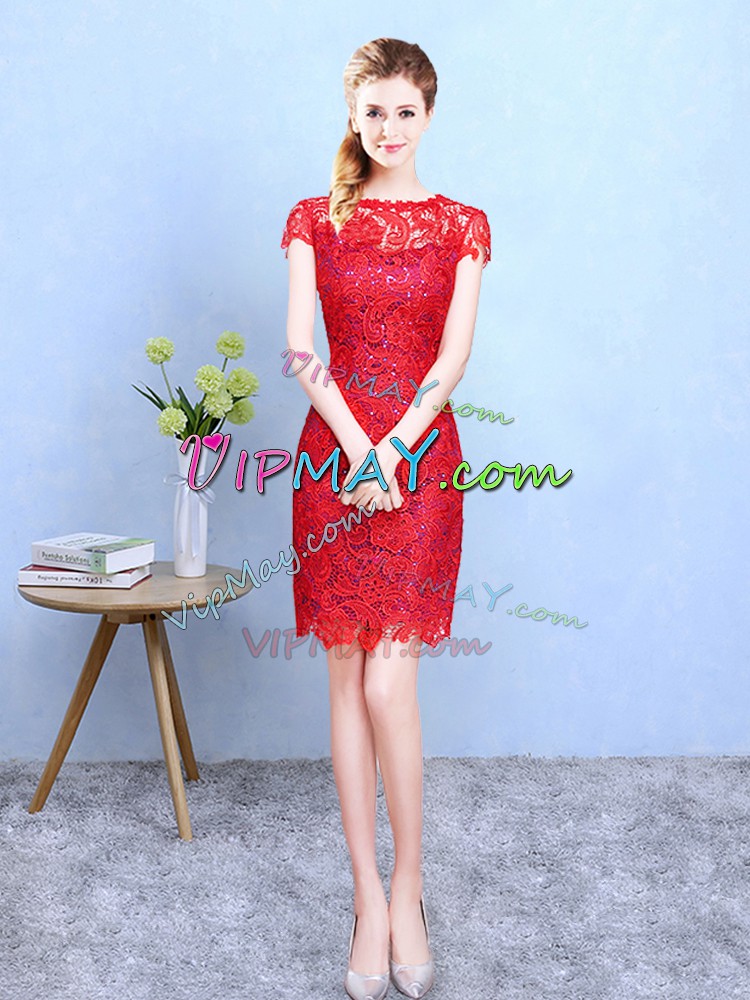 Knee Length Column Sheath Short Sleeves Red Quinceanera Court of Honor Dress Zipper