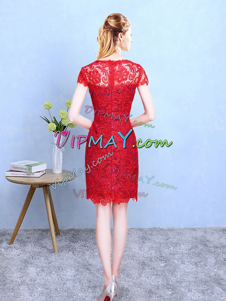 Knee Length Column Sheath Short Sleeves Red Quinceanera Court of Honor Dress Zipper