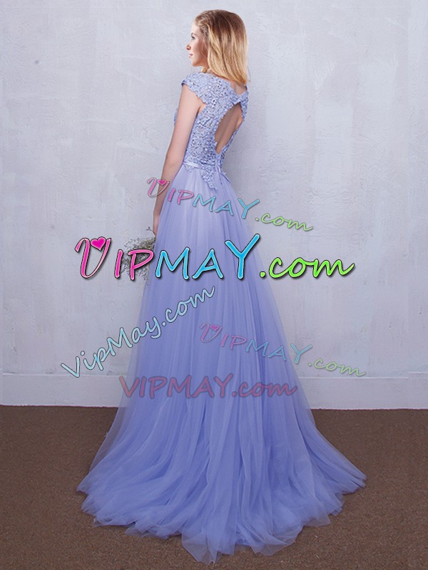 Enchanting With Train Backless Wedding Guest Dresses Lavender for Prom and Party and Wedding Party with Lace and Belt Brush Train