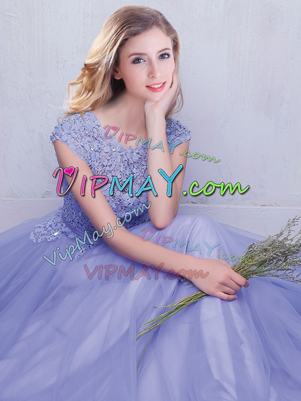 Enchanting With Train Backless Wedding Guest Dresses Lavender for Prom and Party and Wedding Party with Lace and Belt Brush Train