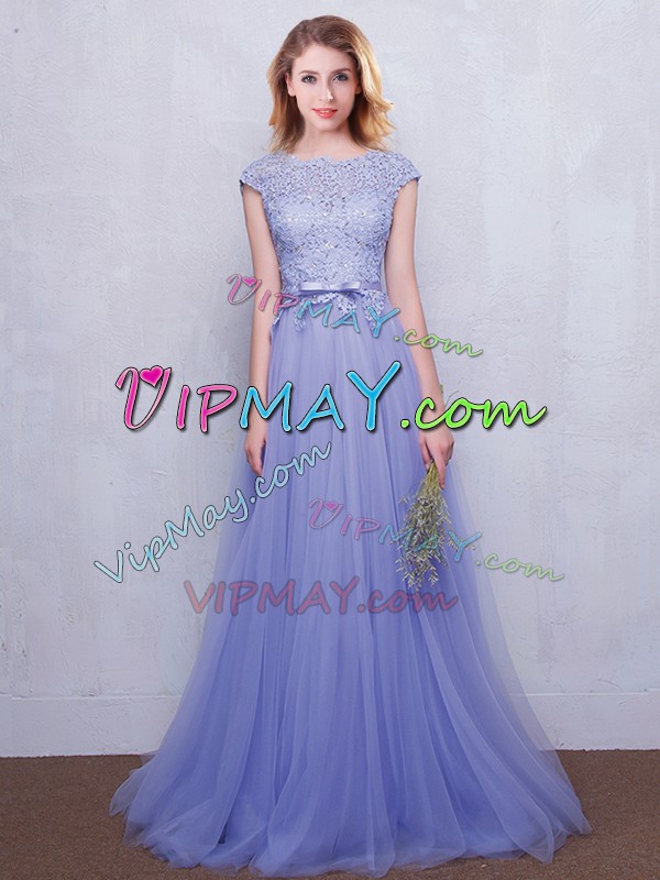 Enchanting With Train Backless Wedding Guest Dresses Lavender for Prom and Party and Wedding Party with Lace and Belt Brush Train