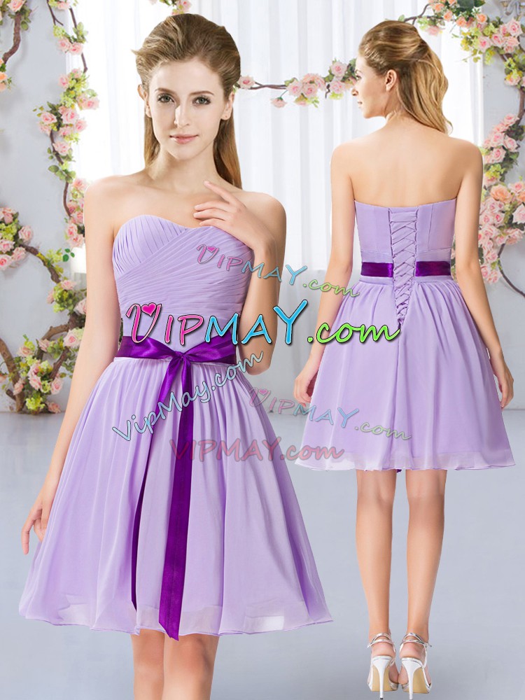 Free and Easy Sweetheart Sleeveless Damas Dress Mini Length Belt Lavender Chiffon