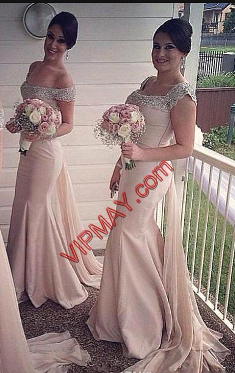 Stylish Pink Mermaid Appliques Bridesmaids Dress Lace Up Cap Sleeves