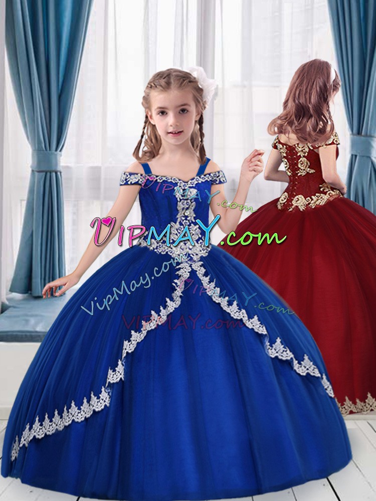 Blue Off The Shoulder Neckline Beading and Appliques Little Girls Pageant Gowns Sleeveless Lace Up