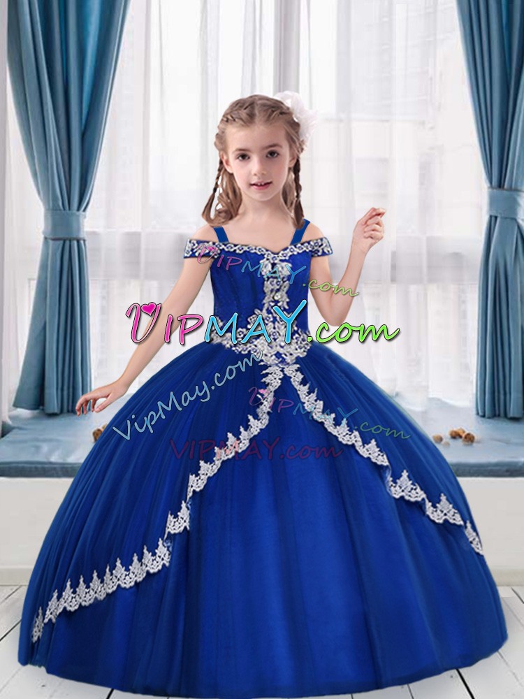 Blue Off The Shoulder Neckline Beading and Appliques Little Girls Pageant Gowns Sleeveless Lace Up