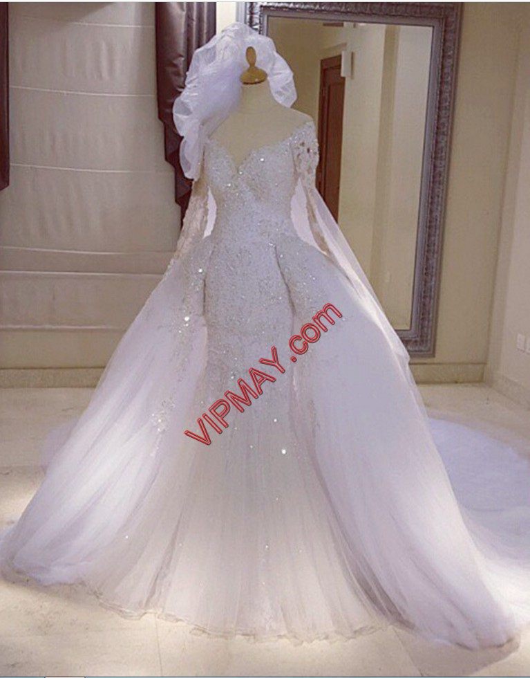 Lovely Tulle Sleeveless Wedding Gown Watteau Train and Beading and Lace