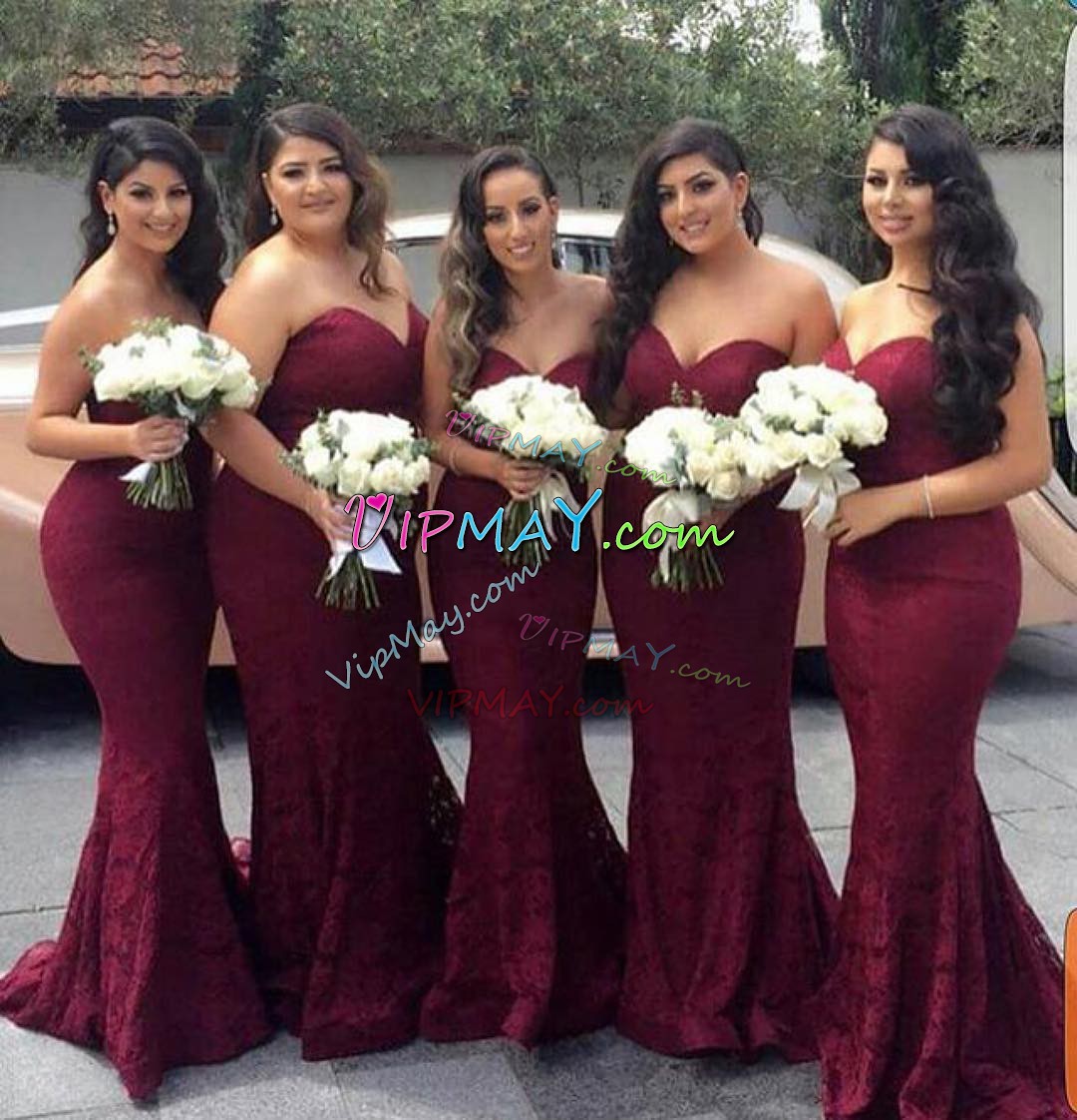 Enchanting Brush Train Mermaid Bridesmaid Gown Burgundy Sweetheart Sleeveless