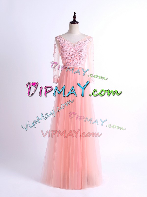 Floor Length Pink Damas Dress V-neck Half Sleeves Lace Up