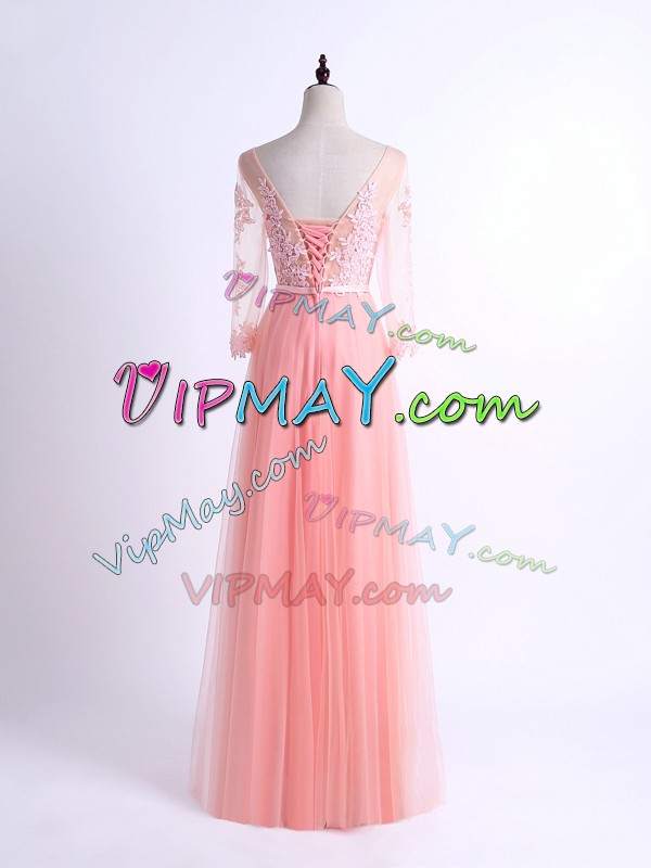 Floor Length Pink Damas Dress V-neck Half Sleeves Lace Up