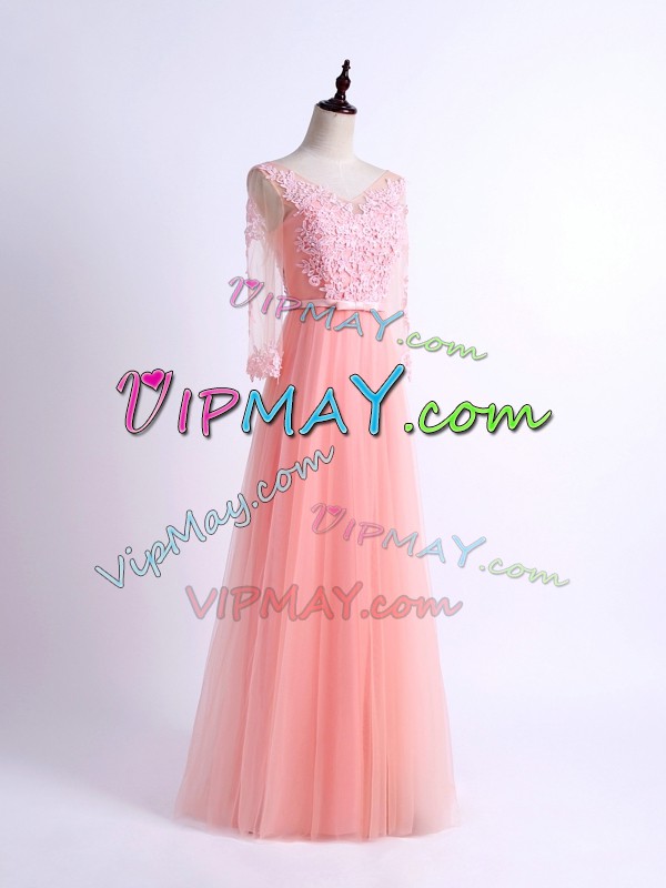 Floor Length Pink Damas Dress V-neck Half Sleeves Lace Up