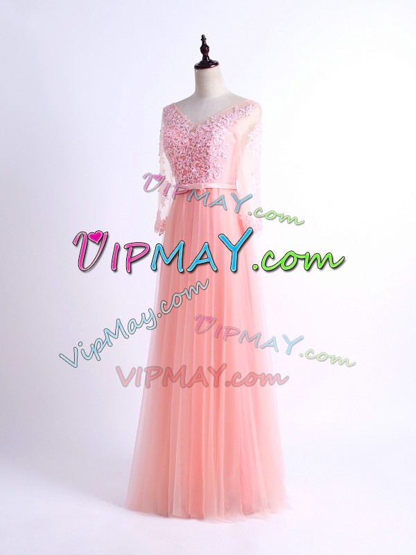 Floor Length Pink Damas Dress V-neck Half Sleeves Lace Up