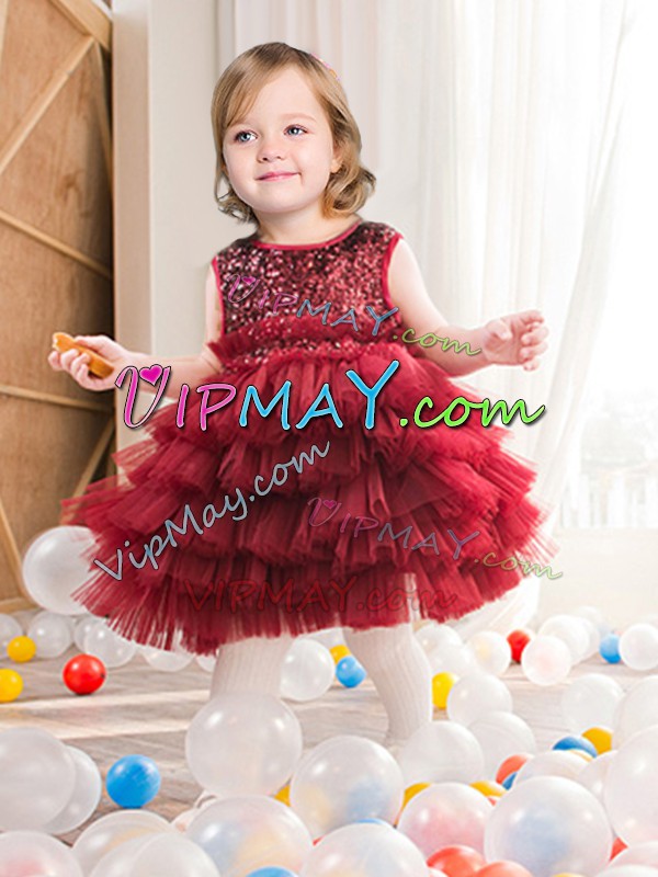 Cute Ball Gowns Flower Girl Dresses for Less Wine Red Scoop Tulle Sleeveless Mini Length Zipper