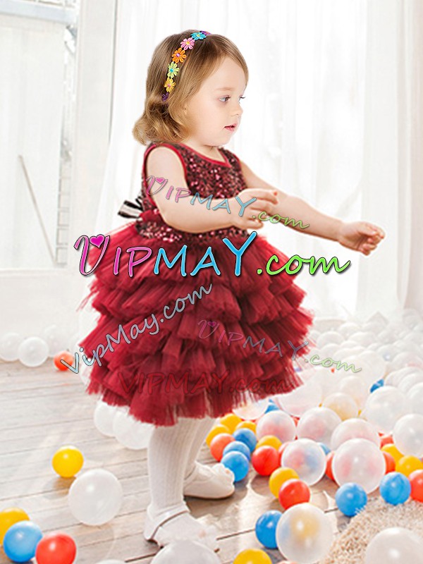 Cute Ball Gowns Flower Girl Dresses for Less Wine Red Scoop Tulle Sleeveless Mini Length Zipper