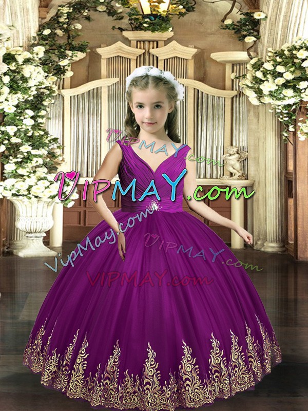 Eggplant Purple Backless Little Girls Pageant Gowns Embroidery Sleeveless Floor Length
