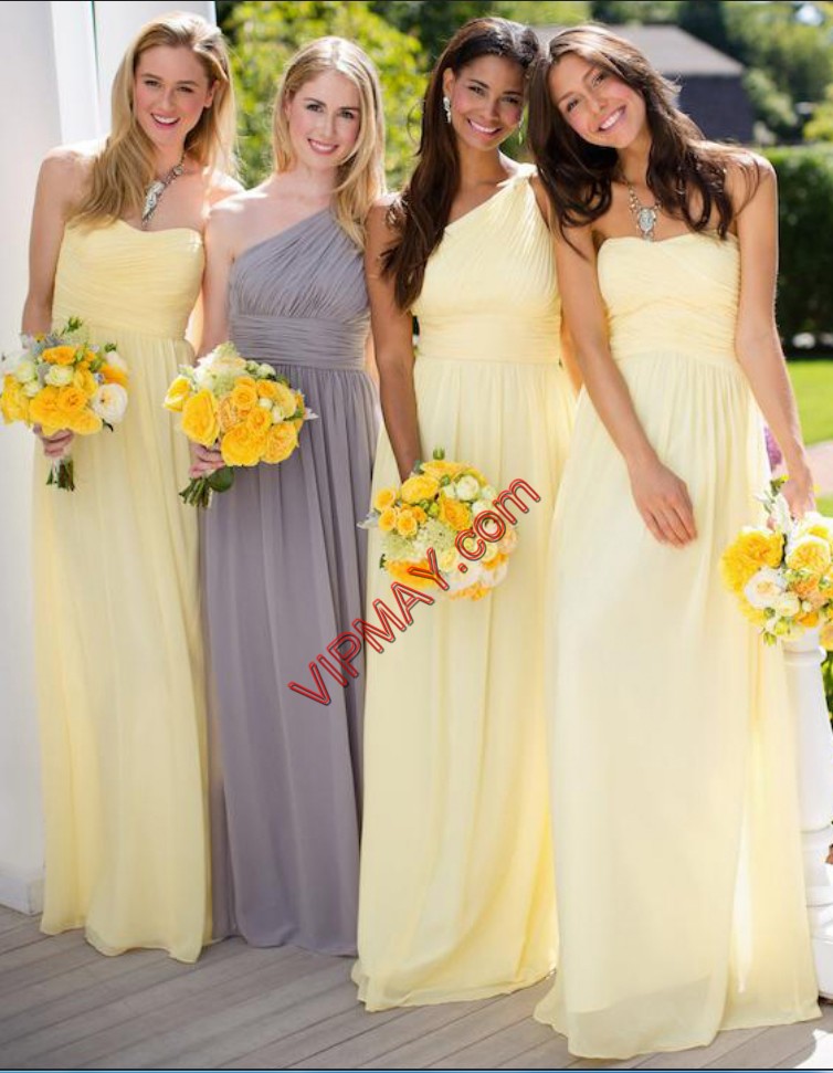 Hot Sale Chiffon Sleeveless Floor Length Bridesmaid Gown and Ruching