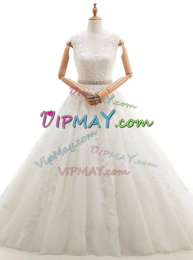 On Sale White Tulle Clasp Handle Scoop Sleeveless With Train Wedding Gowns Brush Train Lace and Appliques