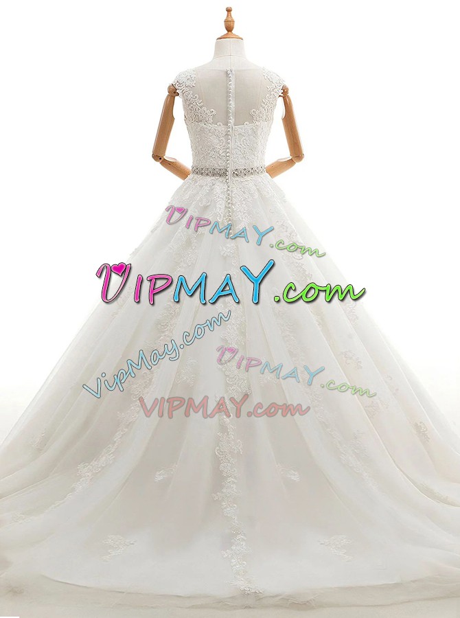 On Sale White Tulle Clasp Handle Scoop Sleeveless With Train Wedding Gowns Brush Train Lace and Appliques