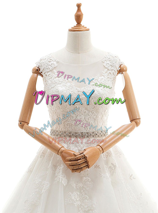 On Sale White Tulle Clasp Handle Scoop Sleeveless With Train Wedding Gowns Brush Train Lace and Appliques