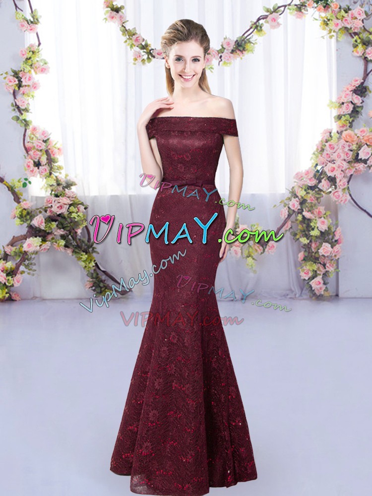 Luxury Burgundy Lace Up Bridesmaids Dress Lace Sleeveless Floor Length