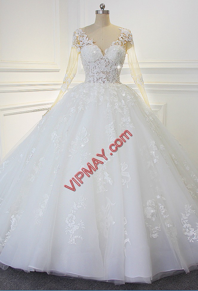 White V-neck Neckline Appliques Wedding Gown Long Sleeves Lace Up