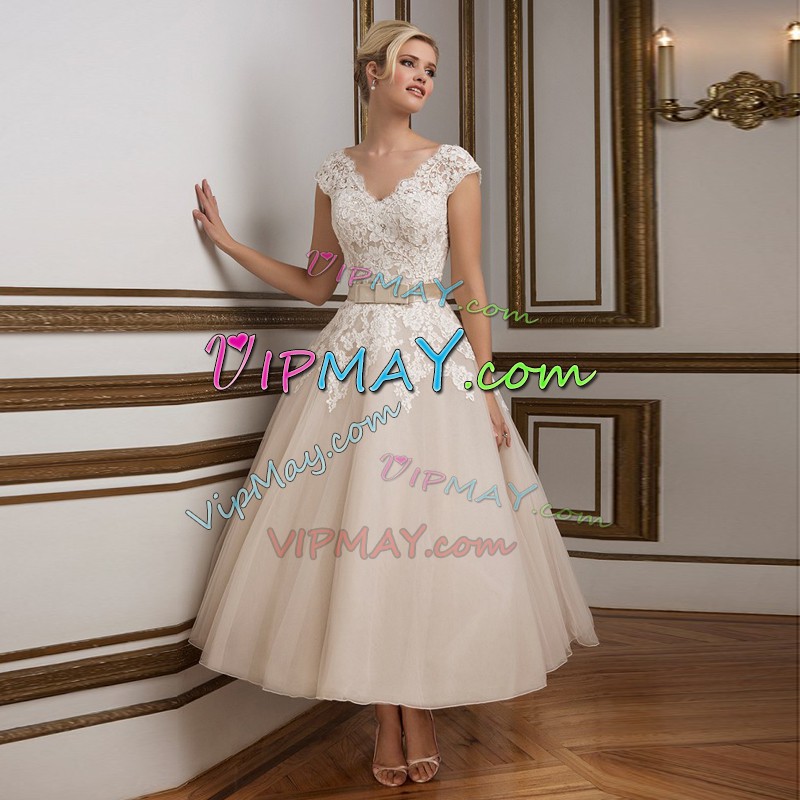 Stunning Champagne Cap Sleeves Appliques and Belt Ankle Length Wedding Dresses