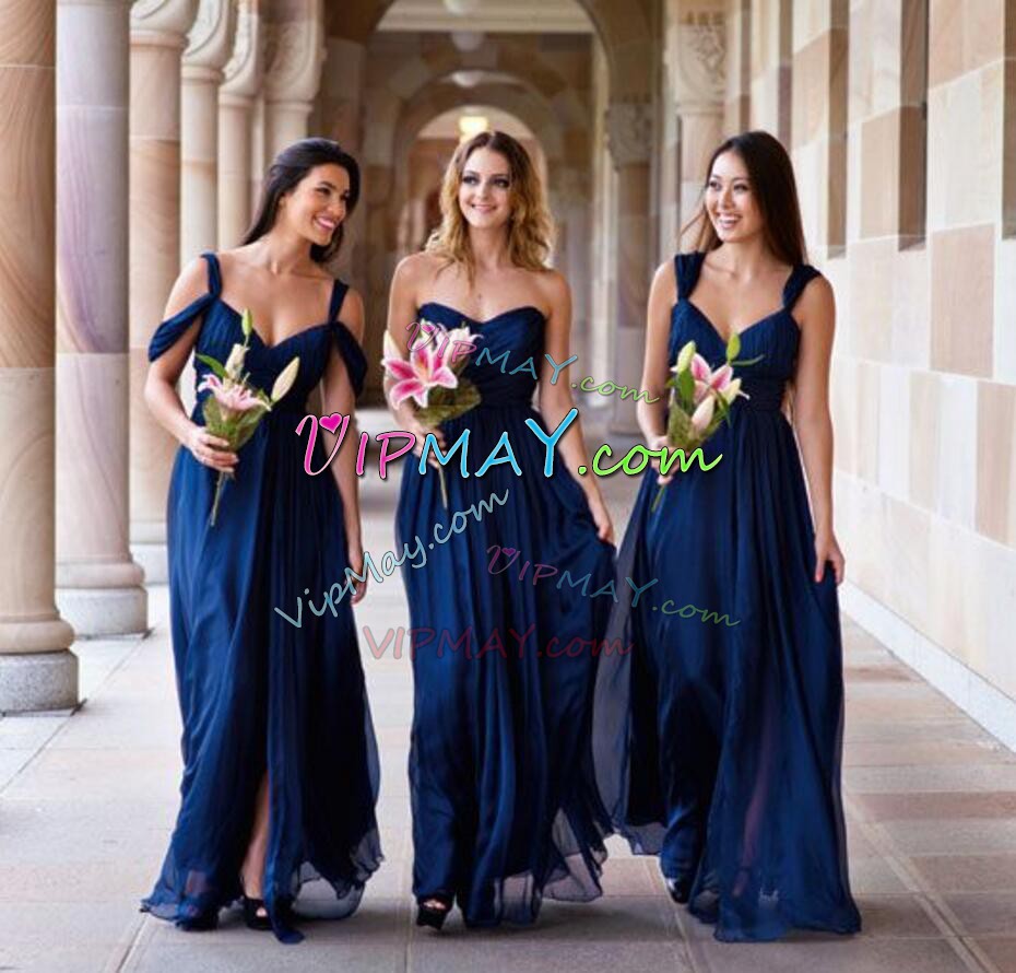 Unique Sleeveless Chiffon Floor Length Lace Up Bridesmaids Dress in Navy Blue with Ruching