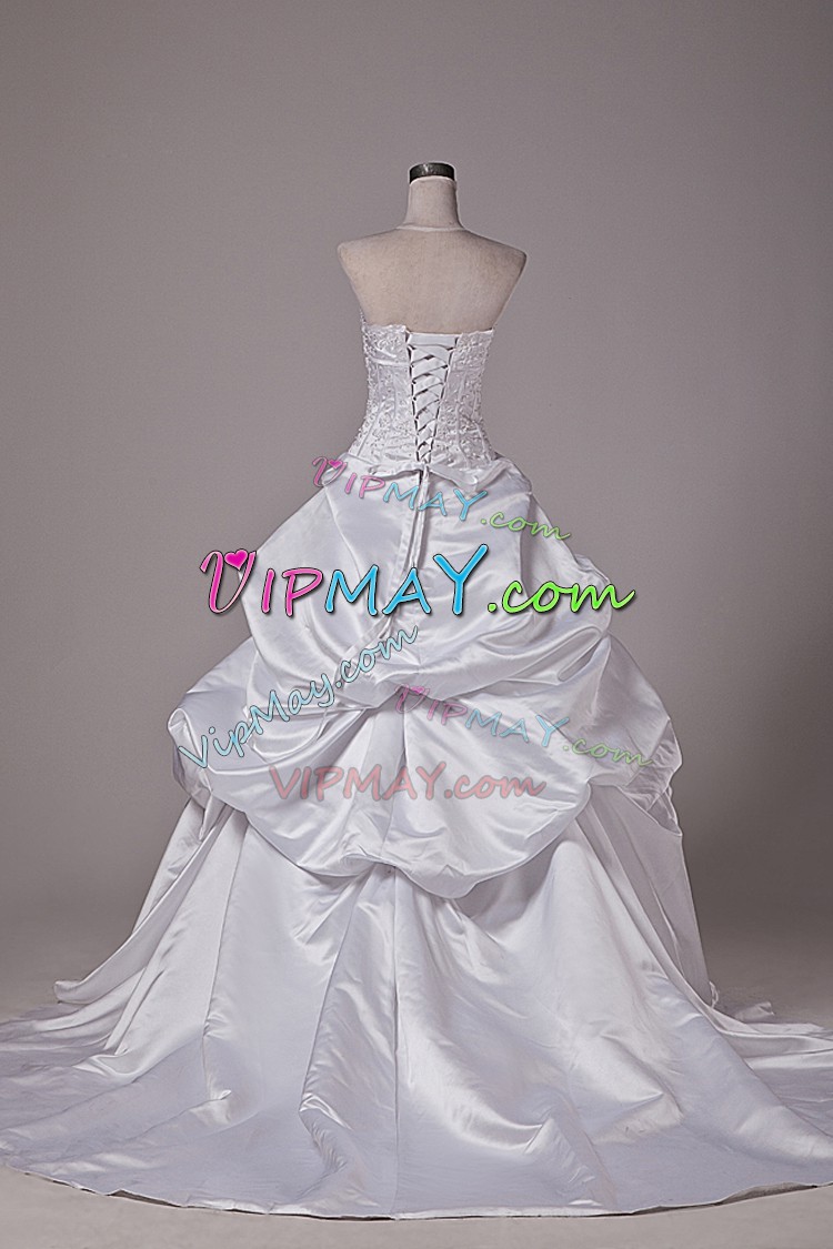 White Wedding Gown Taffeta Brush Train Sleeveless Embroidery and Pick Ups