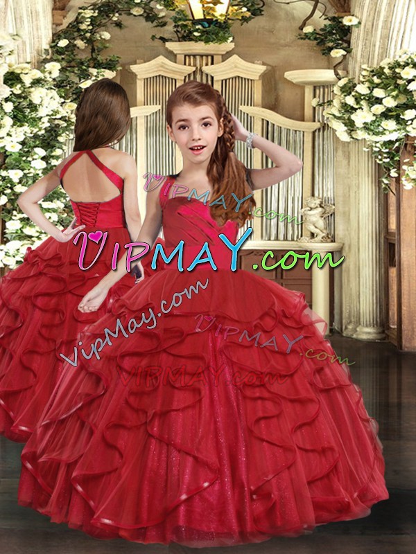 Tulle Straps Sleeveless Lace Up Ruffles Child Pageant Dress in Red