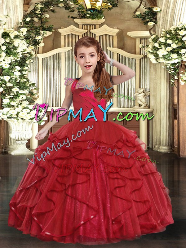 Tulle Straps Sleeveless Lace Up Ruffles Child Pageant Dress in Red