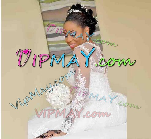 Scoop Long Sleeves Wedding Gown Sweep Train Appliques White Tulle