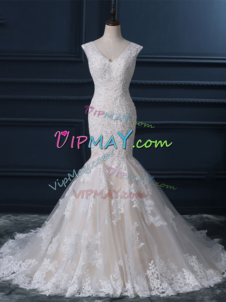 Latest White Zipper V-neck Lace Wedding Dresses Tulle Sleeveless Brush Train