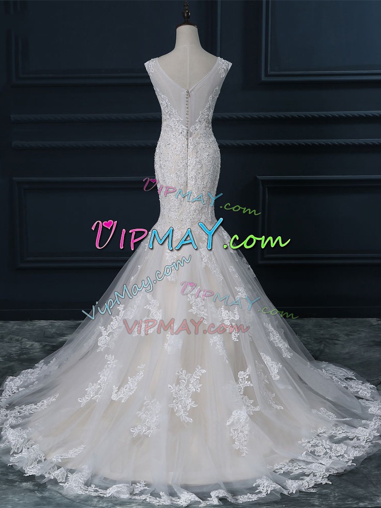 Latest White Zipper V-neck Lace Wedding Dresses Tulle Sleeveless Brush Train