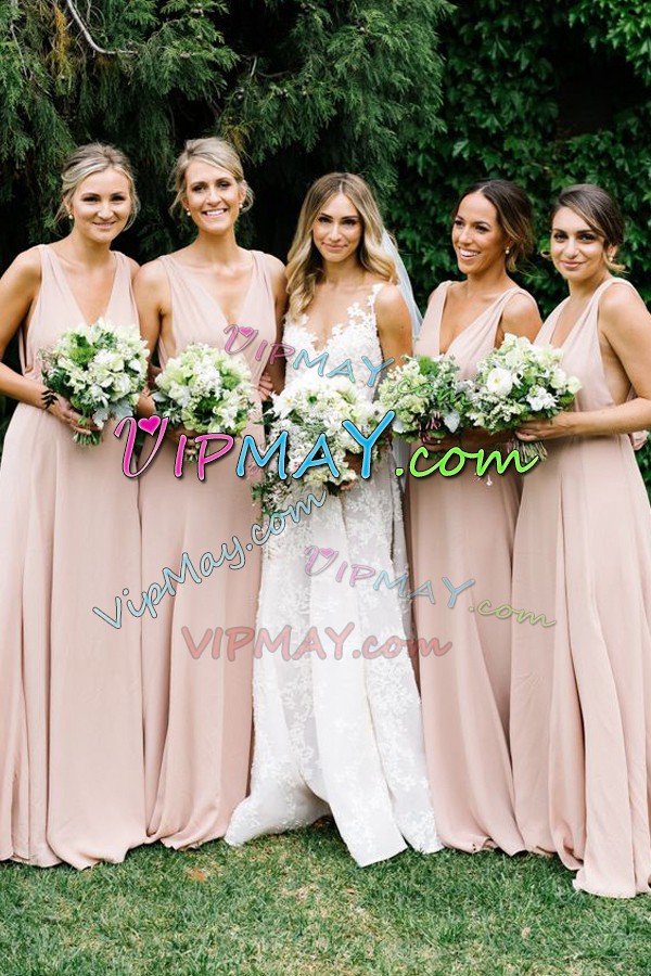 Popular V-neck Sleeveless Bridesmaid Dresses Pink Chiffon Ruching