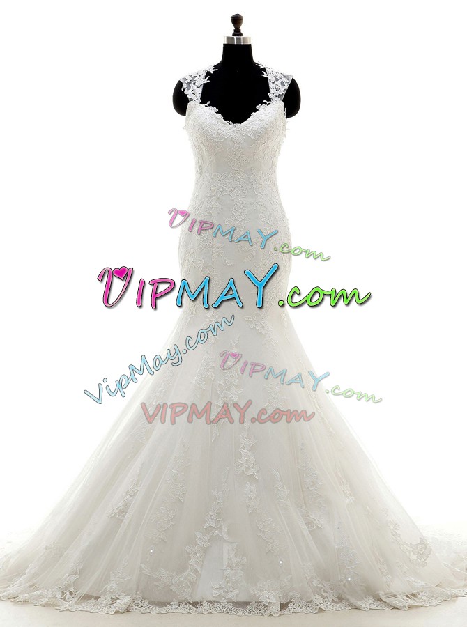 Spectacular Cap Sleeves V-neck Brush Train Side Zipper With Train Lace and Appliques Wedding Gowns V-neck