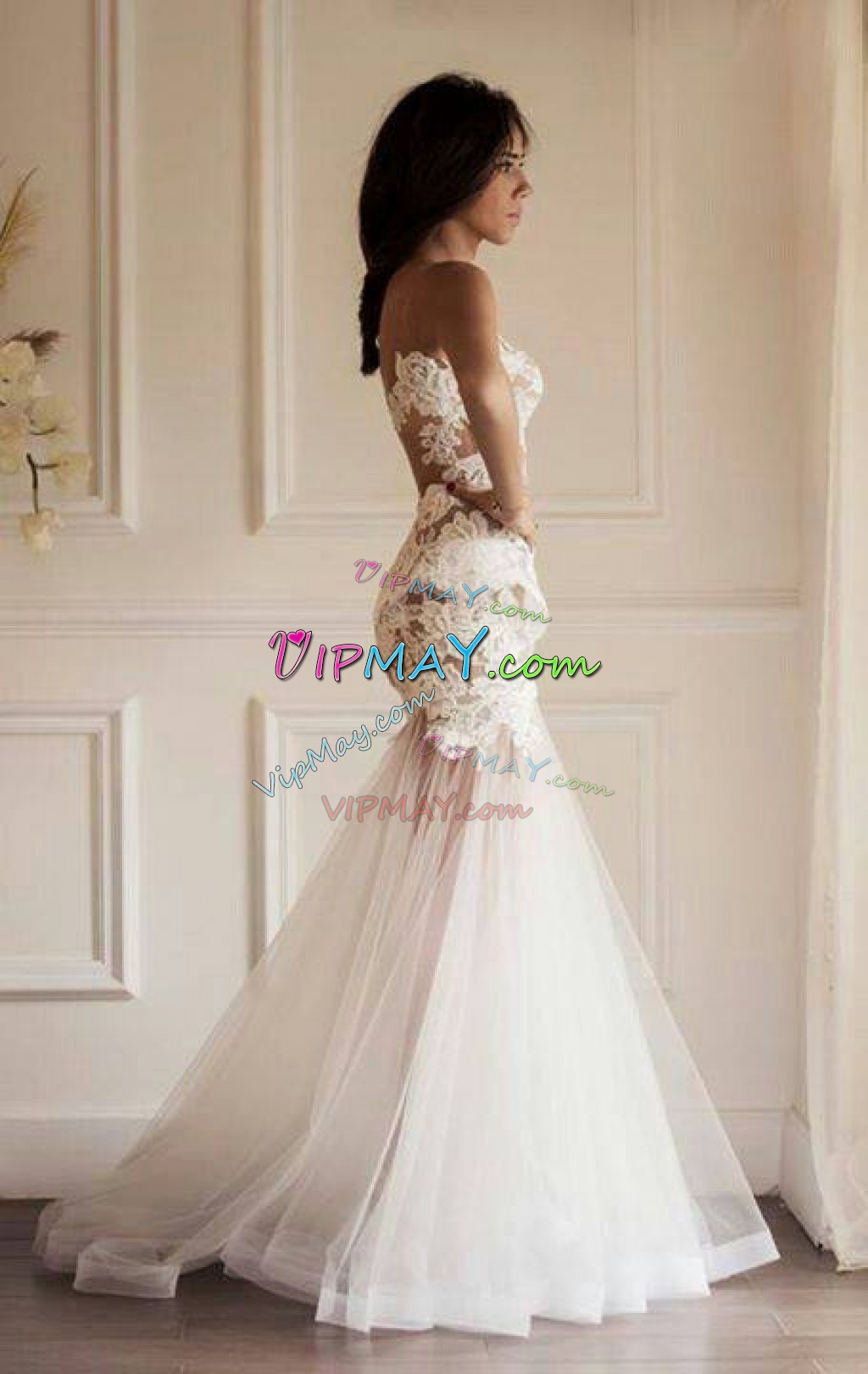 Classical White Side Zipper Scoop Lace Wedding Gown Tulle Sleeveless Brush Train