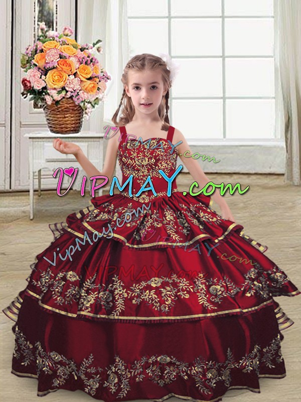 Burgundy Glitz Pageant Dress Wedding Party with Embroidery and Ruffled Layers Straps Sleeveless Lace Up