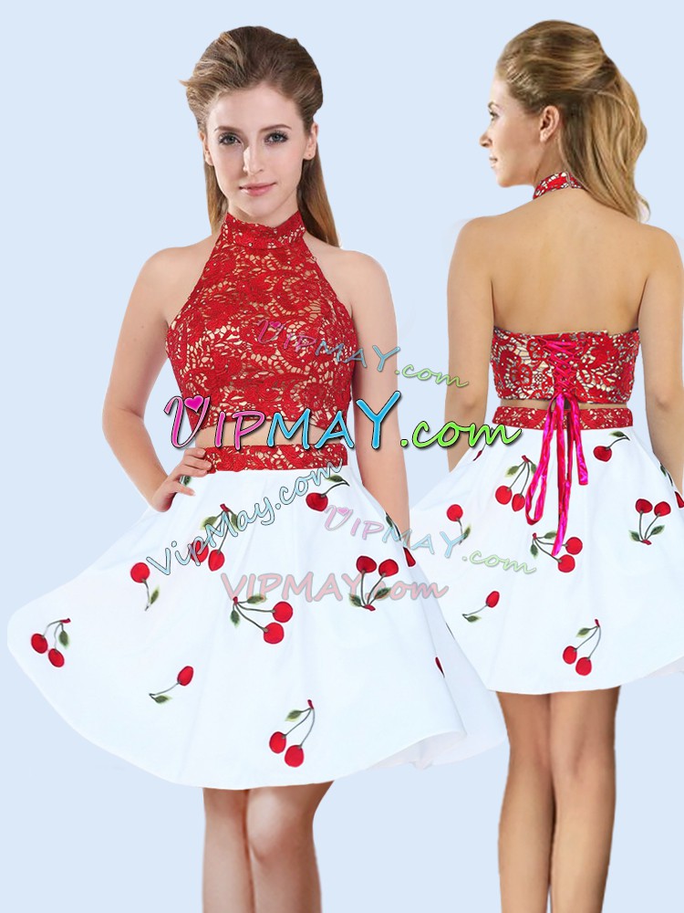 Glittering White And Red Sleeveless Lace and Pattern Mini Length Bridesmaid Dresses