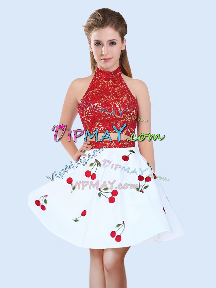 Glittering White And Red Sleeveless Lace and Pattern Mini Length Bridesmaid Dresses