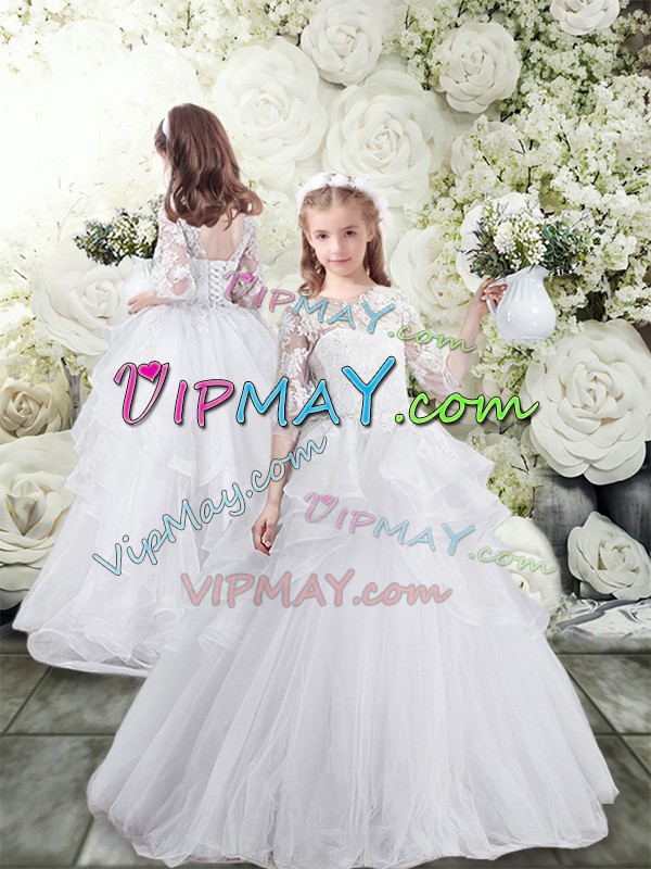 Lace Up Flower Girl Dress White for Wedding Party with Lace and Ruffles Brush Train