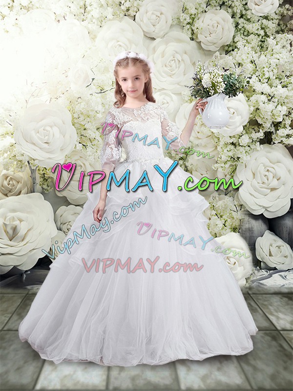 Lace Up Flower Girl Dress White for Wedding Party with Lace and Ruffles Brush Train