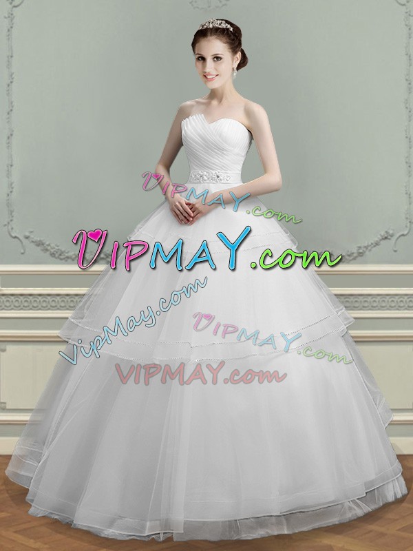 Flirting White Wedding Dresses Wedding Party with Beading and Ruching Sweetheart Sleeveless Lace Up