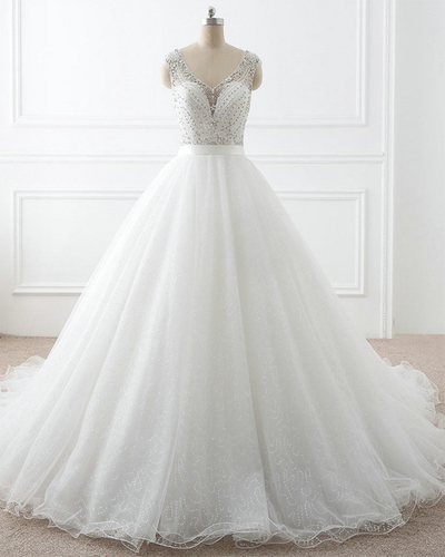 White Ball Gowns Tulle V-neck Sleeveless Beading With Train Lace Up Wedding Dress Chapel Train