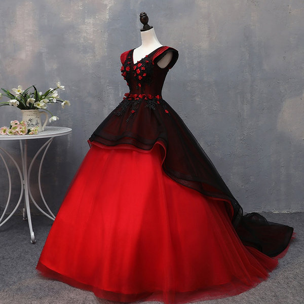 Red and Black 3D Flowers Little Girls Mini Quinceanera Dress with Train